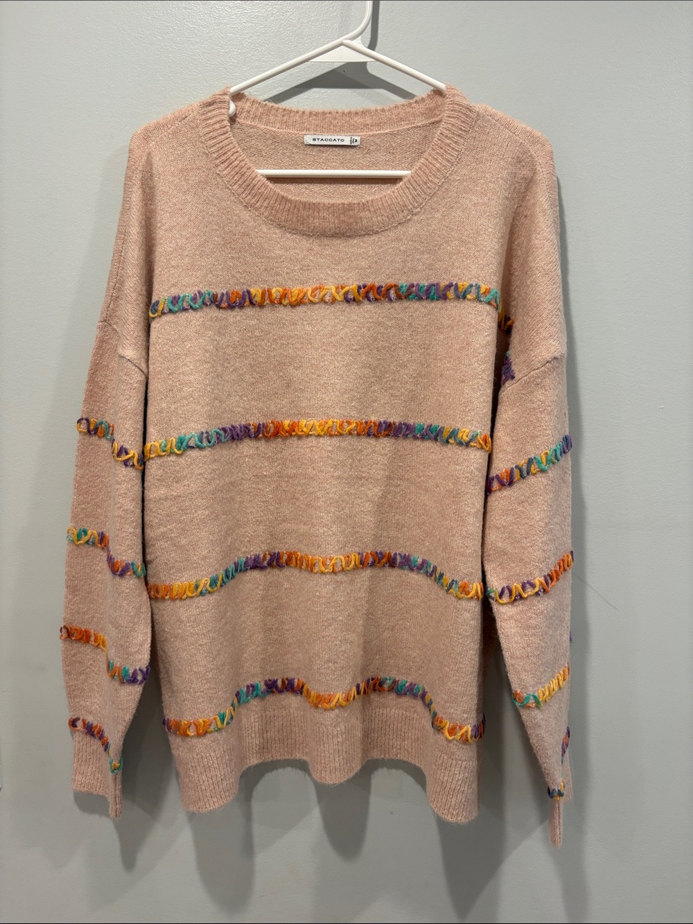 Staccato Peach Crewneck Sweater with Multicolor Loop Trim ptp 24 length 27 NWOT